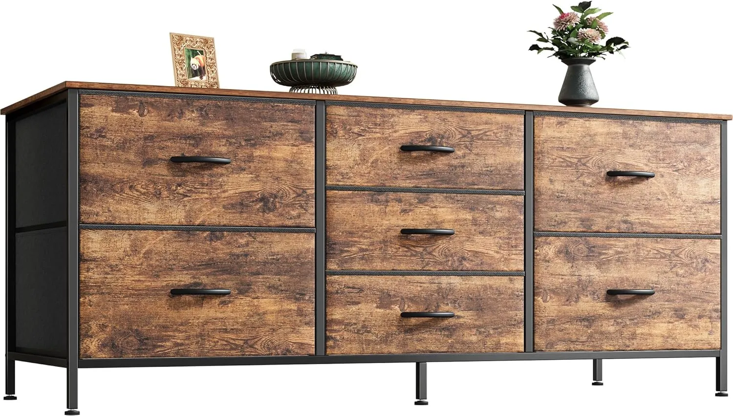 Huuger Dresser with 7 Fabric Drawers, 47 Inch Dresser TV Stand for 43, 50, 55 Inch TV, Metal Frame, for Bedroom, Clothing, Rustic Brown