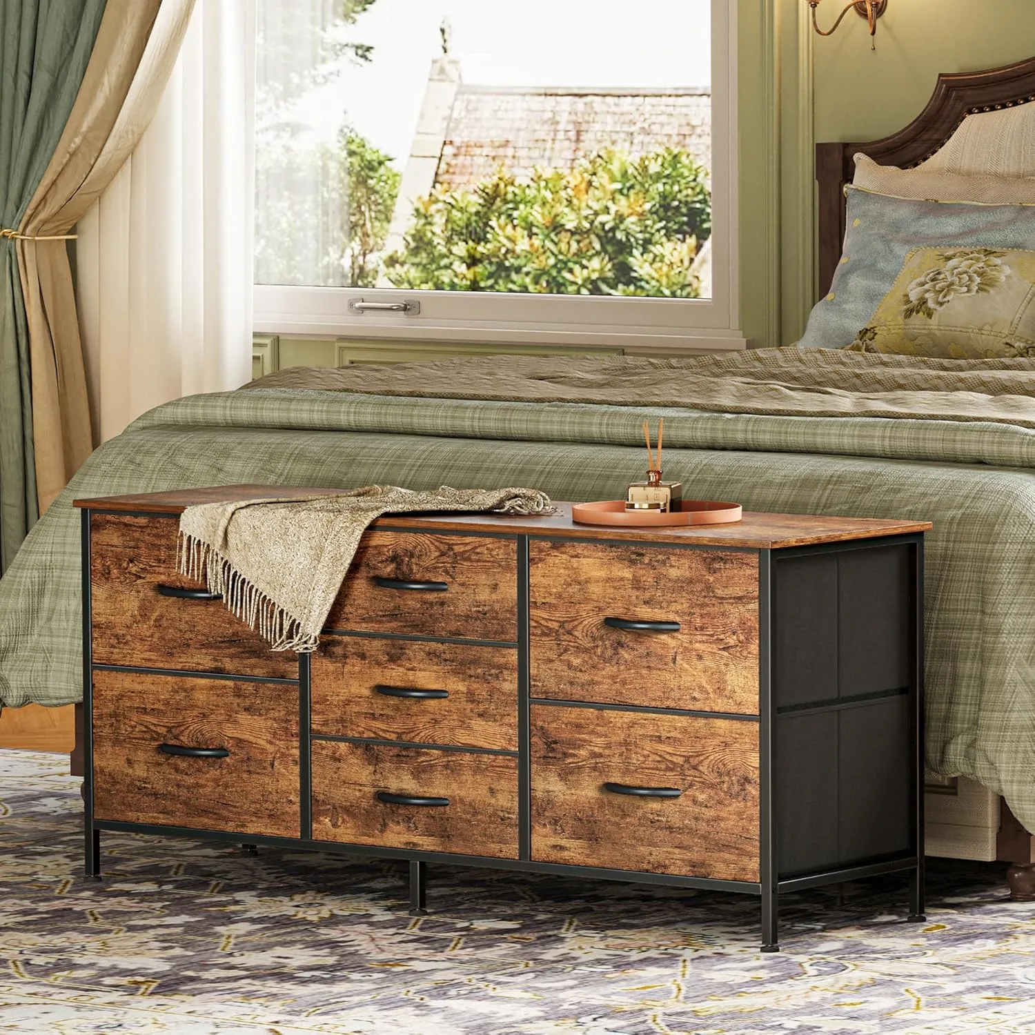 Huuger Dresser with 7 Fabric Drawers, 47 Inch Dresser TV Stand for 43, 50, 55 Inch TV, Metal Frame, for Bedroom, Clothing, Rustic Brown
