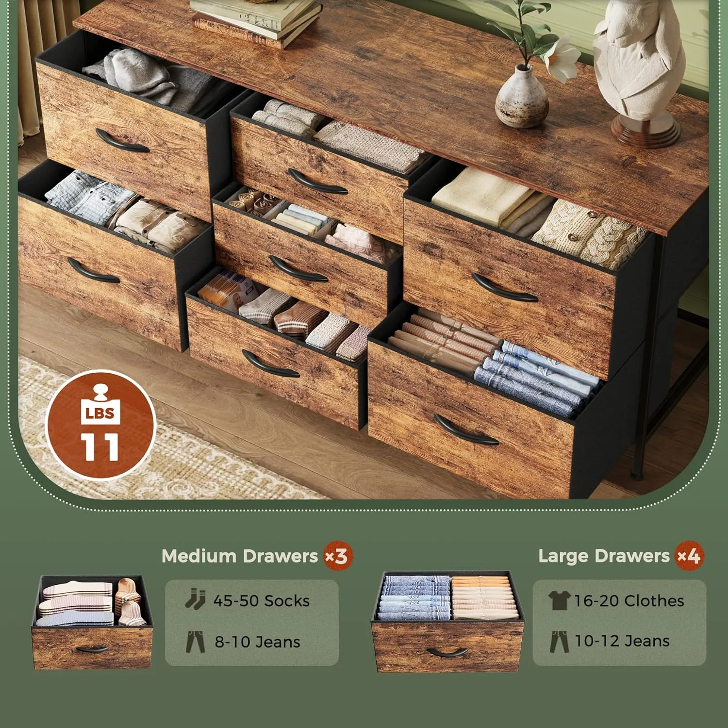 Huuger Dresser with 7 Fabric Drawers, 47 Inch Dresser TV Stand for 43, 50, 55 Inch TV, Metal Frame, for Bedroom, Clothing, Rustic Brown