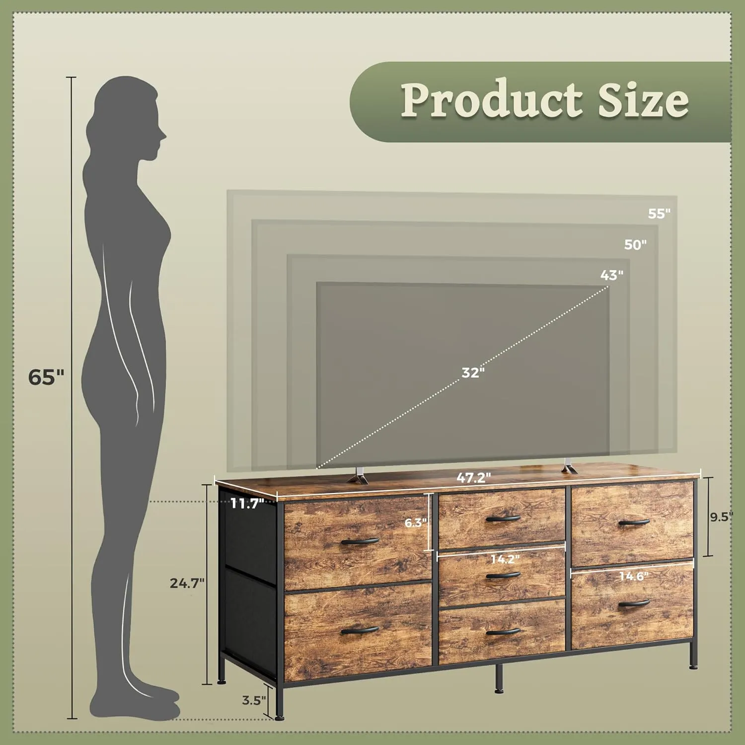 Huuger Dresser with 7 Fabric Drawers, 47 Inch Dresser TV Stand for 43, 50, 55 Inch TV, Metal Frame, for Bedroom, Clothing, Rustic Brown