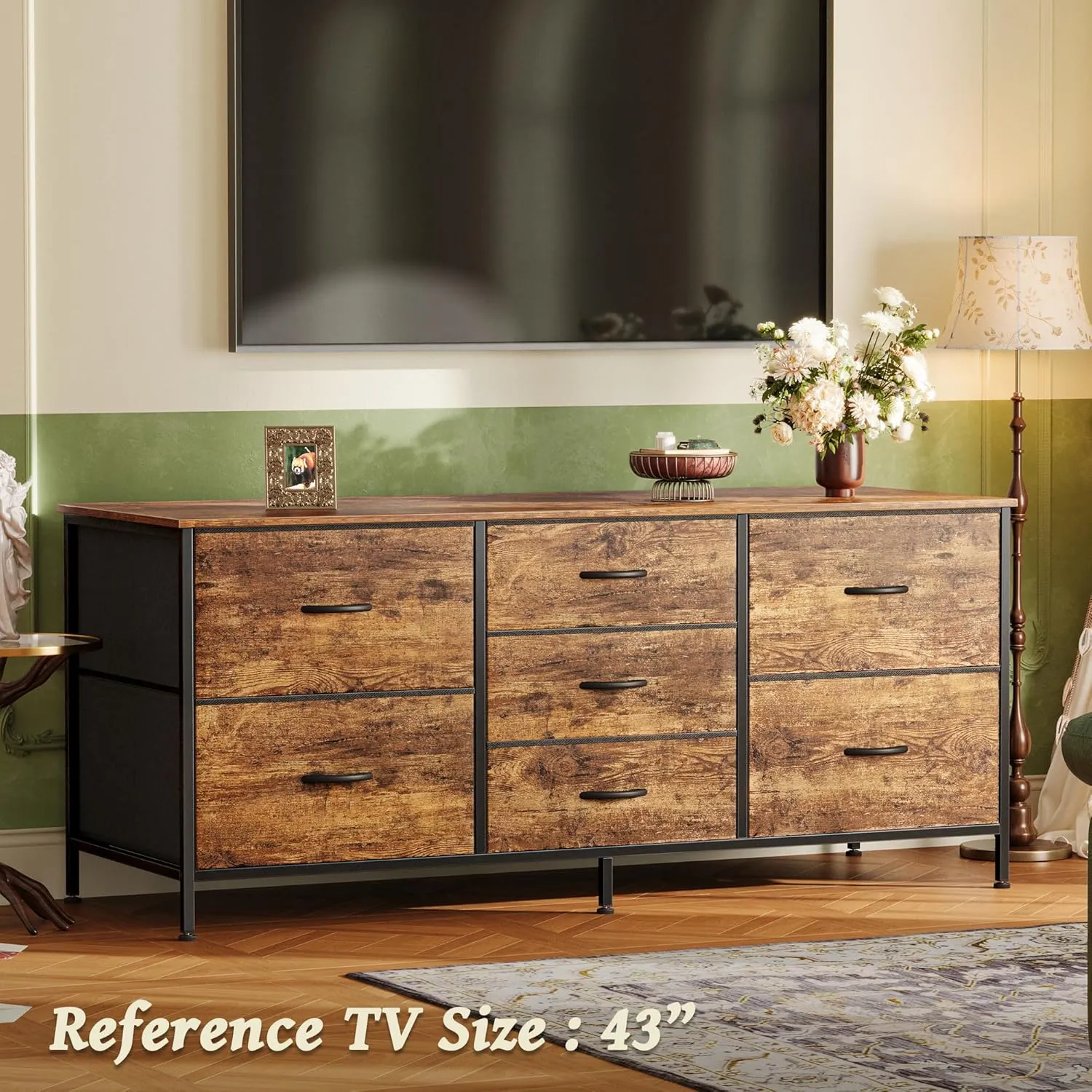 Huuger Dresser with 7 Fabric Drawers, 47 Inch Dresser TV Stand for 43, 50, 55 Inch TV, Metal Frame, for Bedroom, Clothing, Rustic Brown