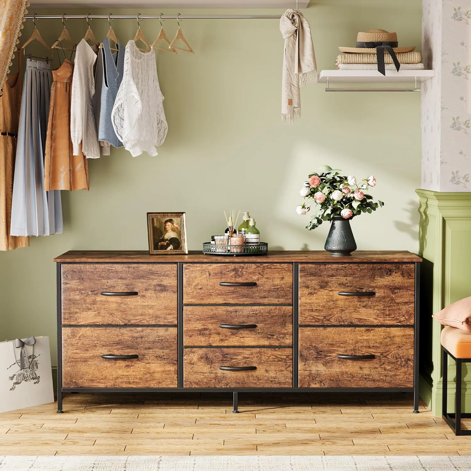 Huuger Dresser with 7 Fabric Drawers, 47 Inch Dresser TV Stand for 43, 50, 55 Inch TV, Metal Frame, for Bedroom, Clothing, Rustic Brown