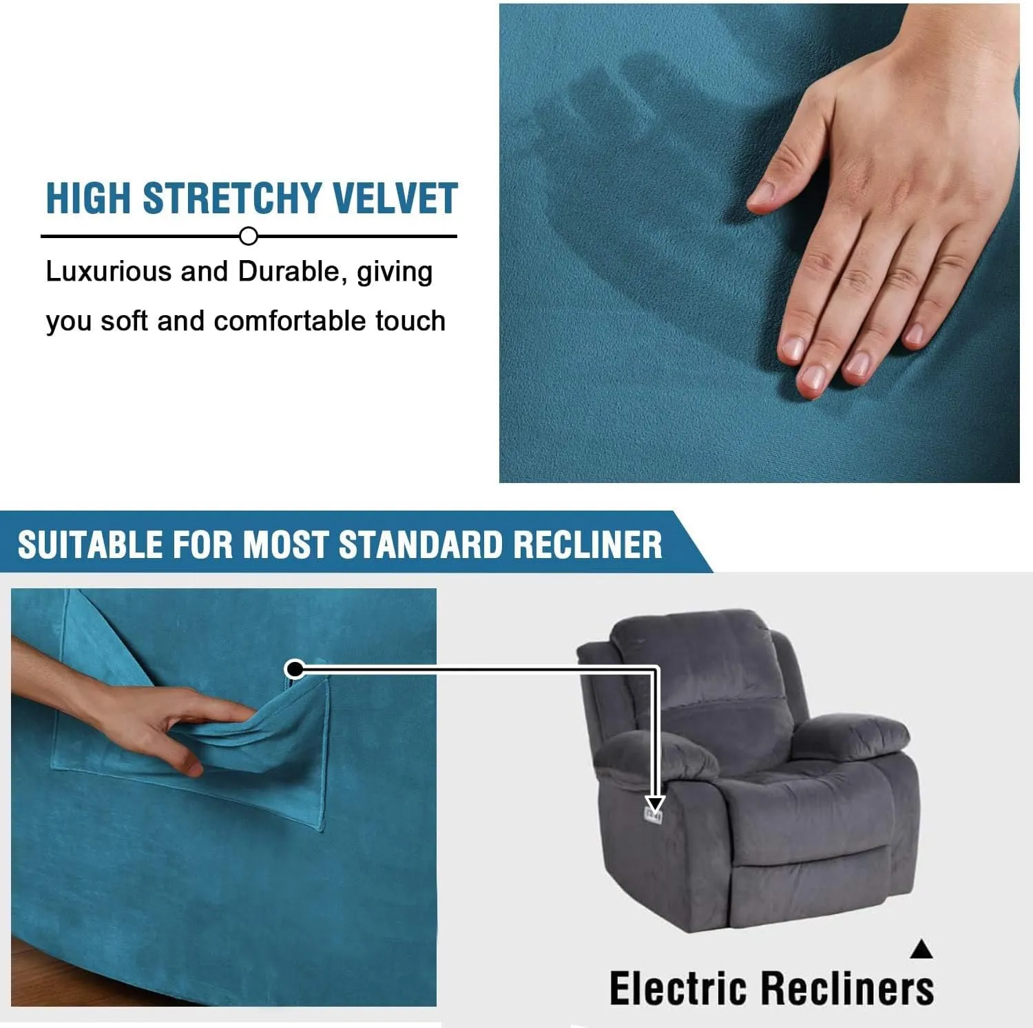 H.VERSAILTEX 1 Piece Recliner Cover Velvet Plush Recliner Slip Covers for Recliner Chair Recliner Slip Covers with Elastic Bottom Feature Thick Luxury and Soft Velvet Plush Fabric, Peacock Blue
