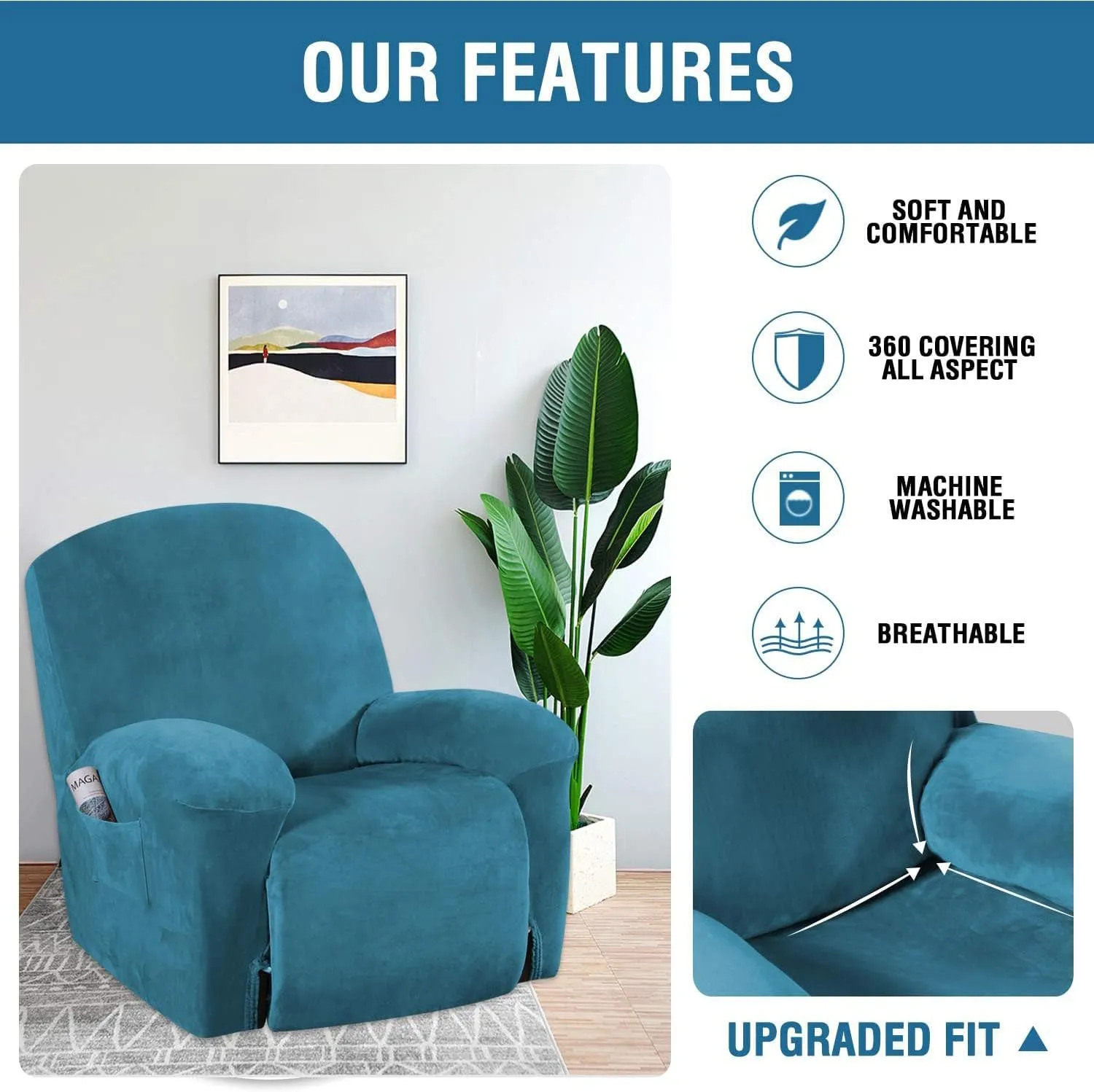 H.VERSAILTEX 1 Piece Recliner Cover Velvet Plush Recliner Slip Covers for Recliner Chair Recliner Slip Covers with Elastic Bottom Feature Thick Luxury and Soft Velvet Plush Fabric, Peacock Blue