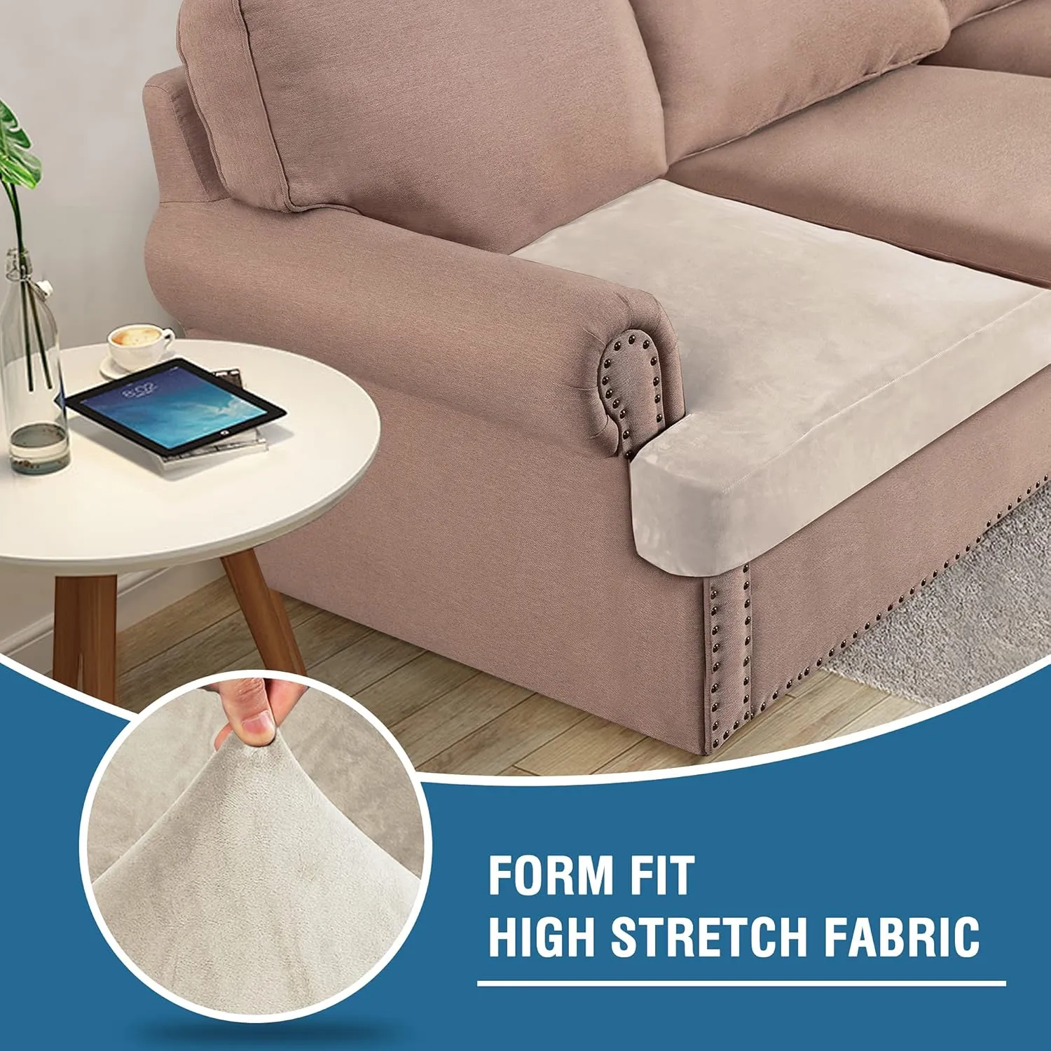 H.VERSAILTEX Stretch Velvet 3 Piece T Cushion Sofa Slipcovers Individually Covers for 3 Cushion Couch Seat Cushion Covers for Sofa Seat Cushion Covers Stay in Place(Sofa, Ivory)