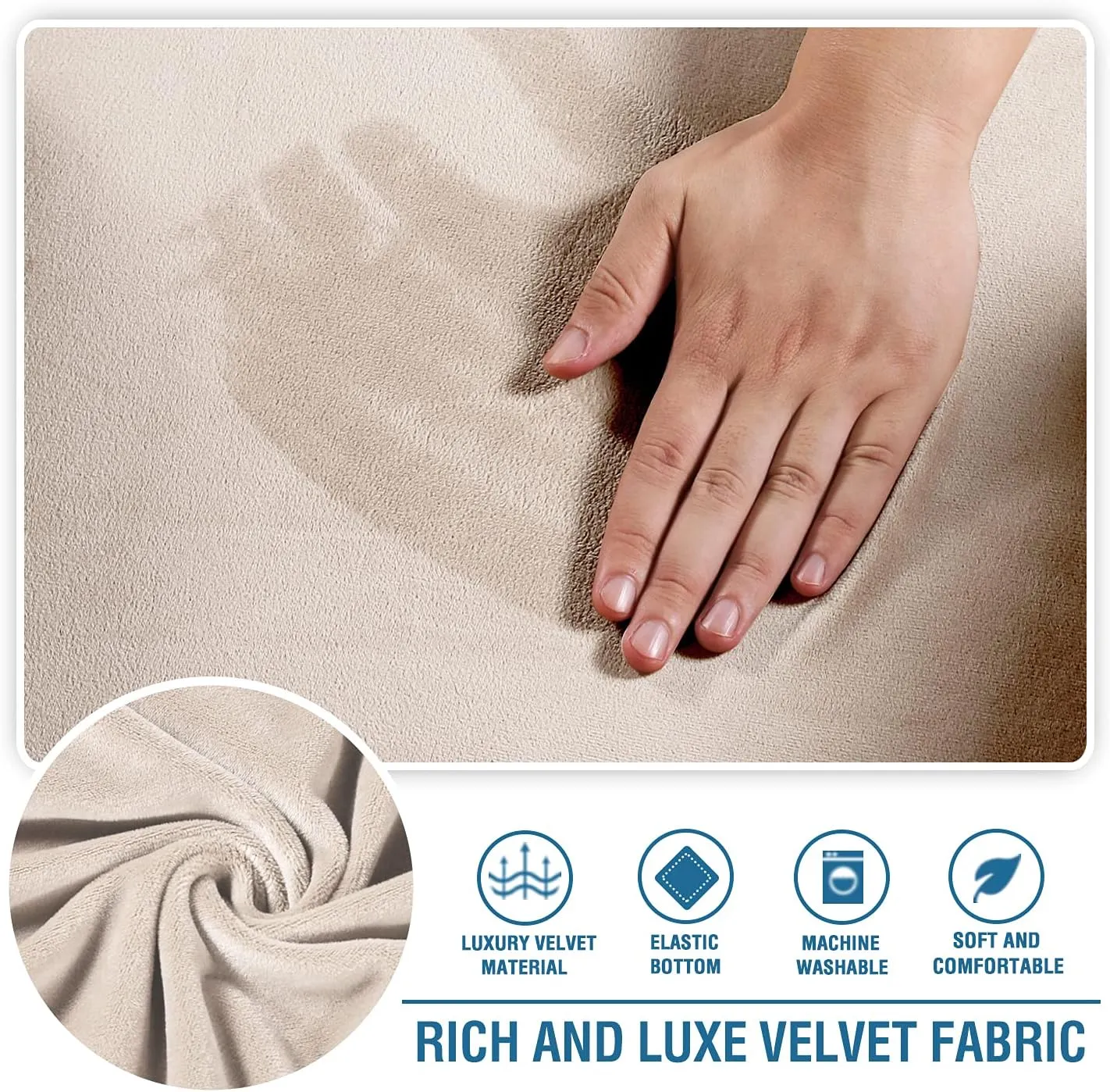 H.VERSAILTEX Stretch Velvet 3 Piece T Cushion Sofa Slipcovers Individually Covers for 3 Cushion Couch Seat Cushion Covers for Sofa Seat Cushion Covers Stay in Place(Sofa, Ivory)