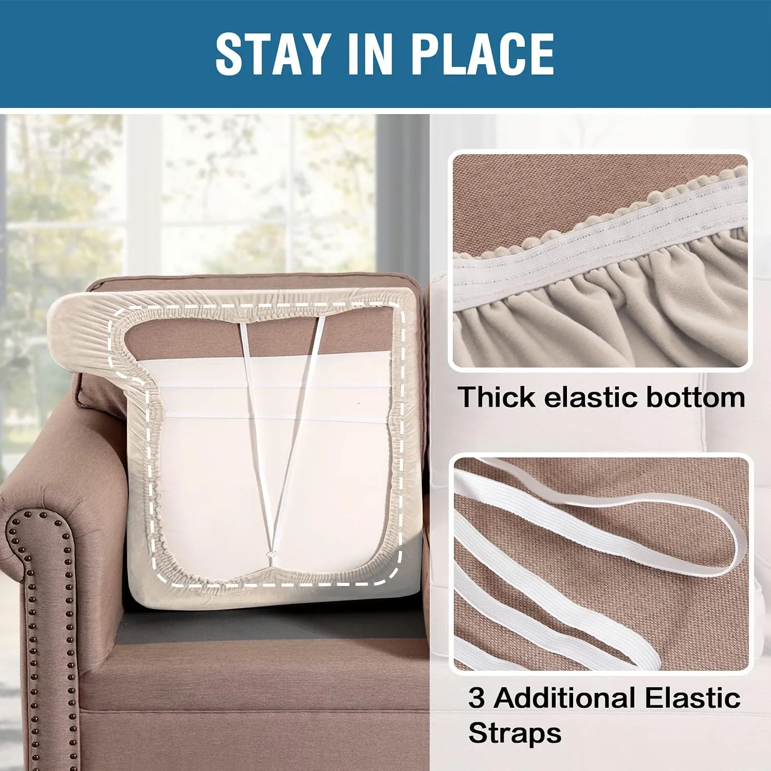 H.VERSAILTEX Stretch Velvet 3 Piece T Cushion Sofa Slipcovers Individually Covers for 3 Cushion Couch Seat Cushion Covers for Sofa Seat Cushion Covers Stay in Place(Sofa, Ivory)