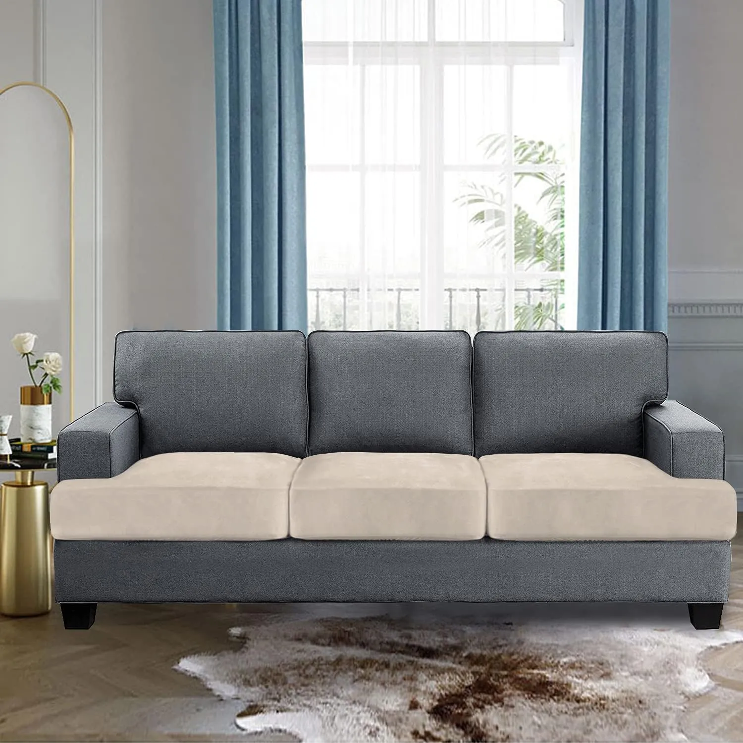 H.VERSAILTEX Stretch Velvet 3 Piece T Cushion Sofa Slipcovers Individually Covers for 3 Cushion Couch Seat Cushion Covers for Sofa Seat Cushion Covers Stay in Place(Sofa, Ivory)