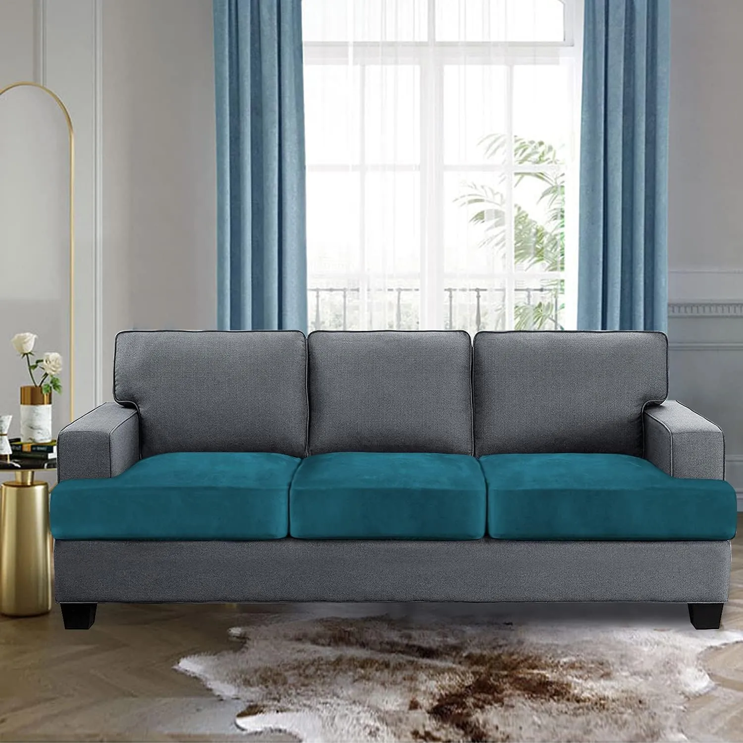 H.VERSAILTEX Stretch Velvet 3 Piece T Cushion Sofa Slipcovers - Individually Fitting Cushion Covers for 3 Cushion Couch - Deep Teal