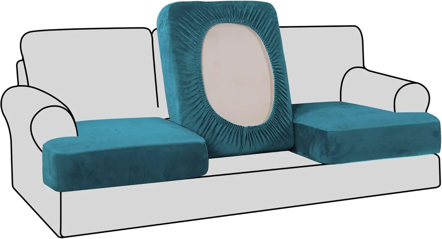 H.VERSAILTEX Stretch Velvet 3 Piece T Cushion Sofa Slipcovers - Individually Fitting Cushion Covers for 3 Cushion Couch - Deep Teal