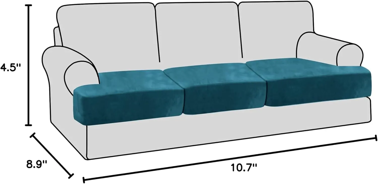 H.VERSAILTEX Stretch Velvet 3 Piece T Cushion Sofa Slipcovers - Individually Fitting Cushion Covers for 3 Cushion Couch - Deep Teal