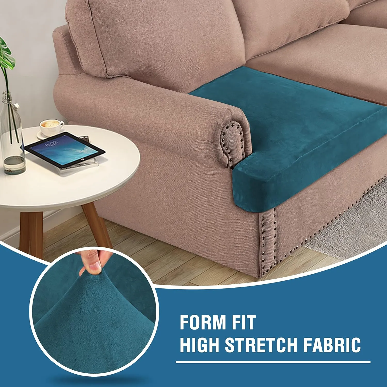 H.VERSAILTEX Stretch Velvet 3 Piece T Cushion Sofa Slipcovers - Individually Fitting Cushion Covers for 3 Cushion Couch - Deep Teal