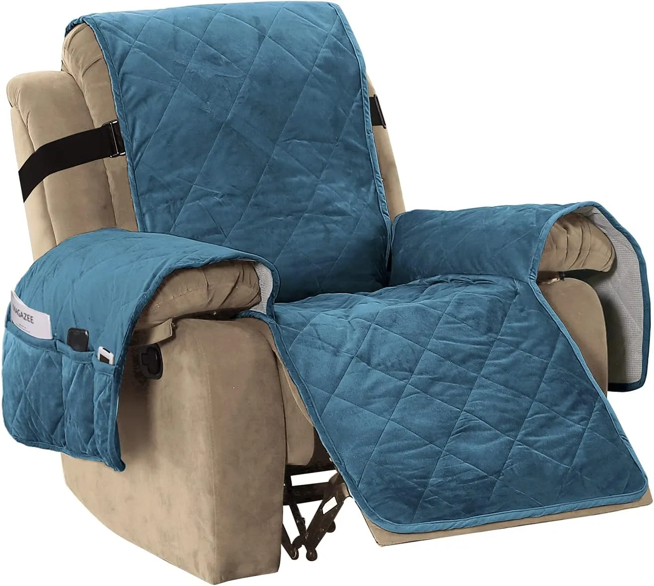H.VERSAILTEX Thick Velvet Recliner Covers for Recliner Chair Covers Reclining Chair Slipcover Recliner Couch Cover with Non Slip Backing and Wider Elastic Strap (Oversaized Recliner, Peacock Blue)