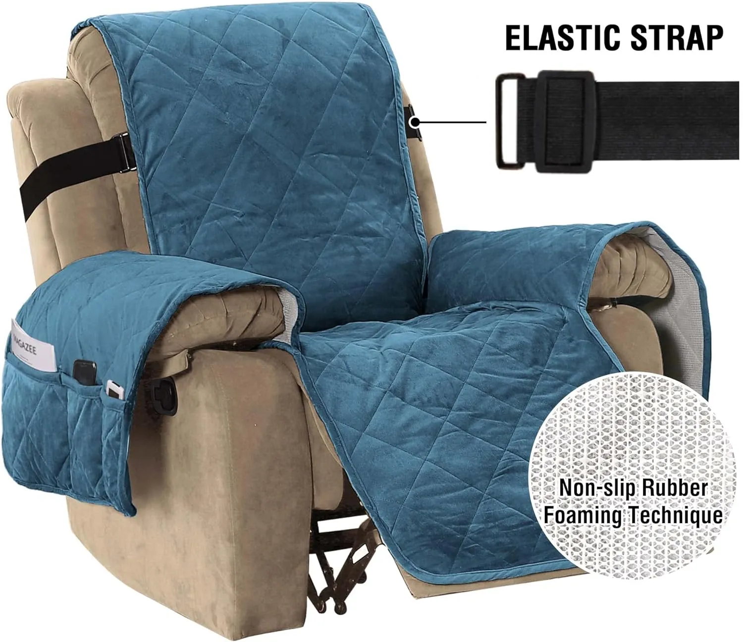 H.VERSAILTEX Thick Velvet Recliner Covers for Recliner Chair Covers Reclining Chair Slipcover Recliner Couch Cover with Non Slip Backing and Wider Elastic Strap (Oversaized Recliner, Peacock Blue)