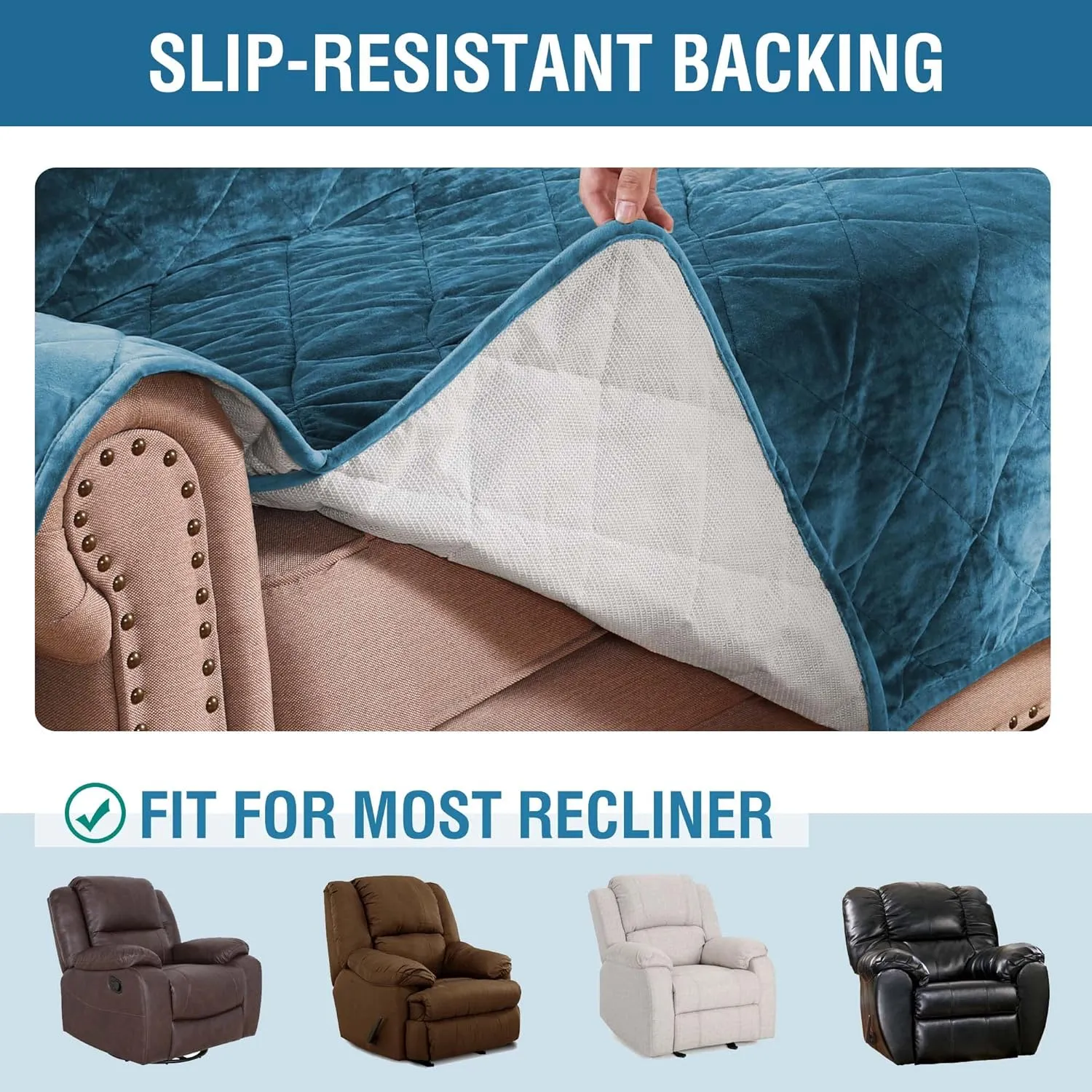 H.VERSAILTEX Thick Velvet Recliner Covers for Recliner Chair Covers Reclining Chair Slipcover Recliner Couch Cover with Non Slip Backing and Wider Elastic Strap (Oversaized Recliner, Peacock Blue)