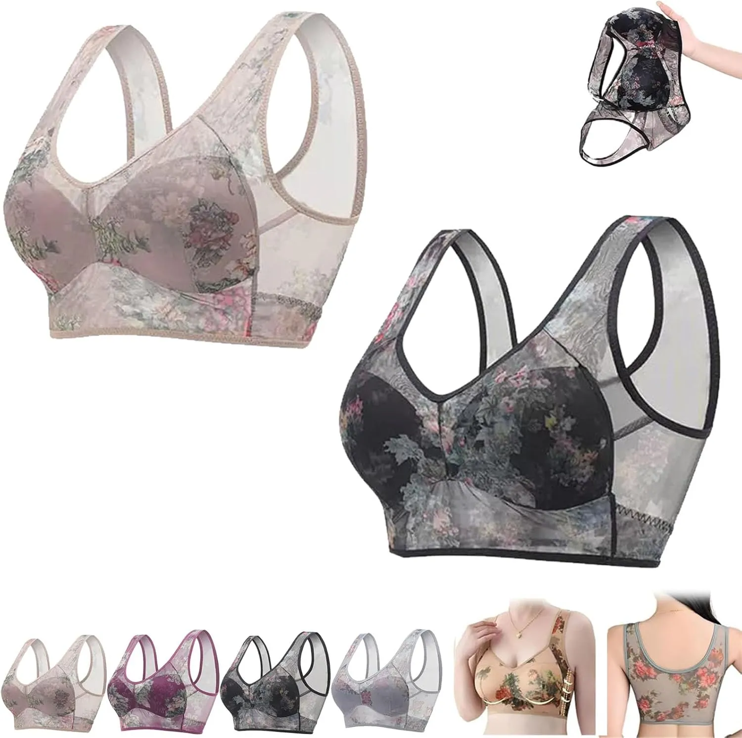 Ice Silk Lace Cooling Comfort Bra, Foxy Seniors Lacy Bra, Miracharm Bras, Miracharm Ice Silk Cooling Bras-Black Skin||L