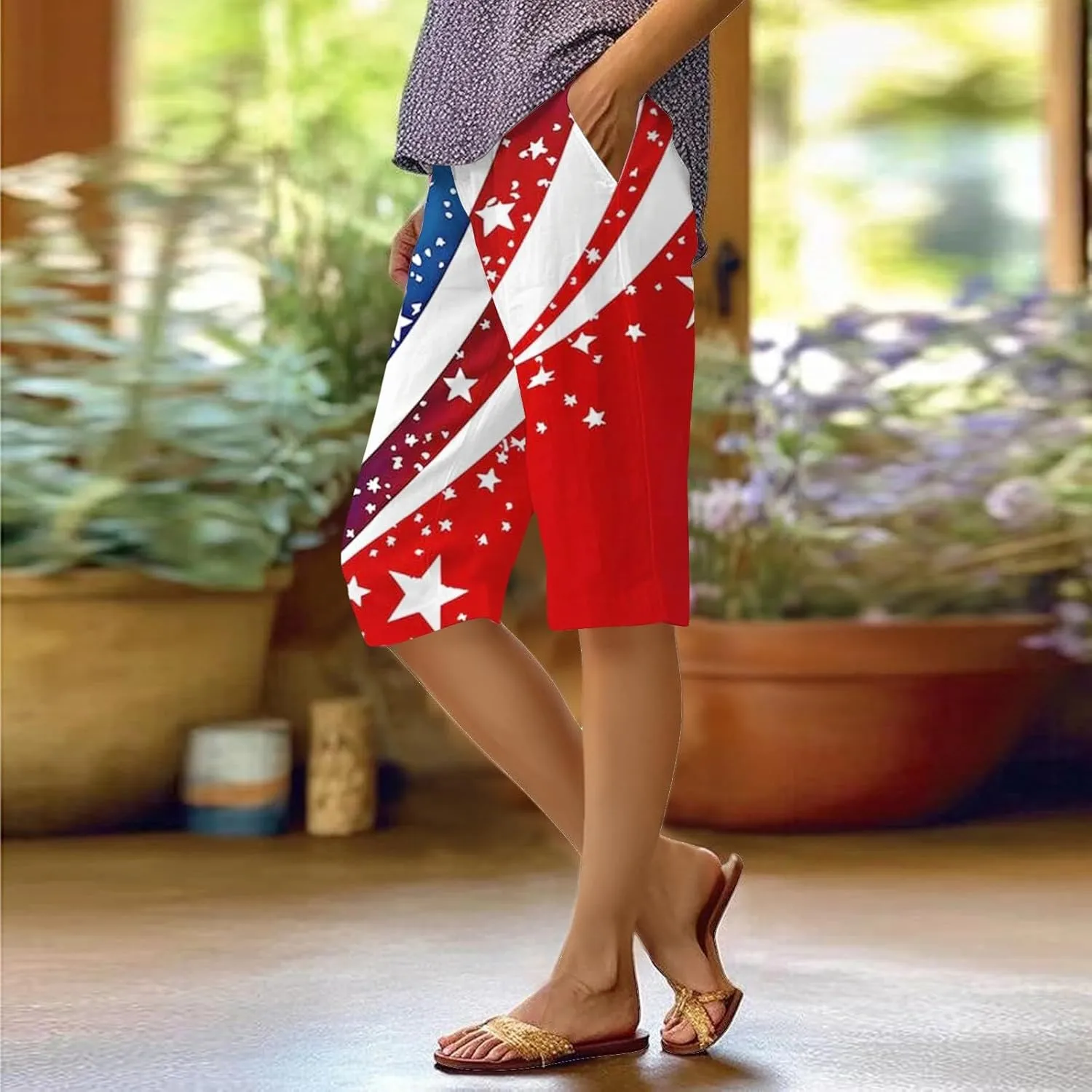 Independence Day Capri Pants Women 2025 Casual Summer High Waist Patriotic Linen Shorts Straight Leg Cropped Trouser