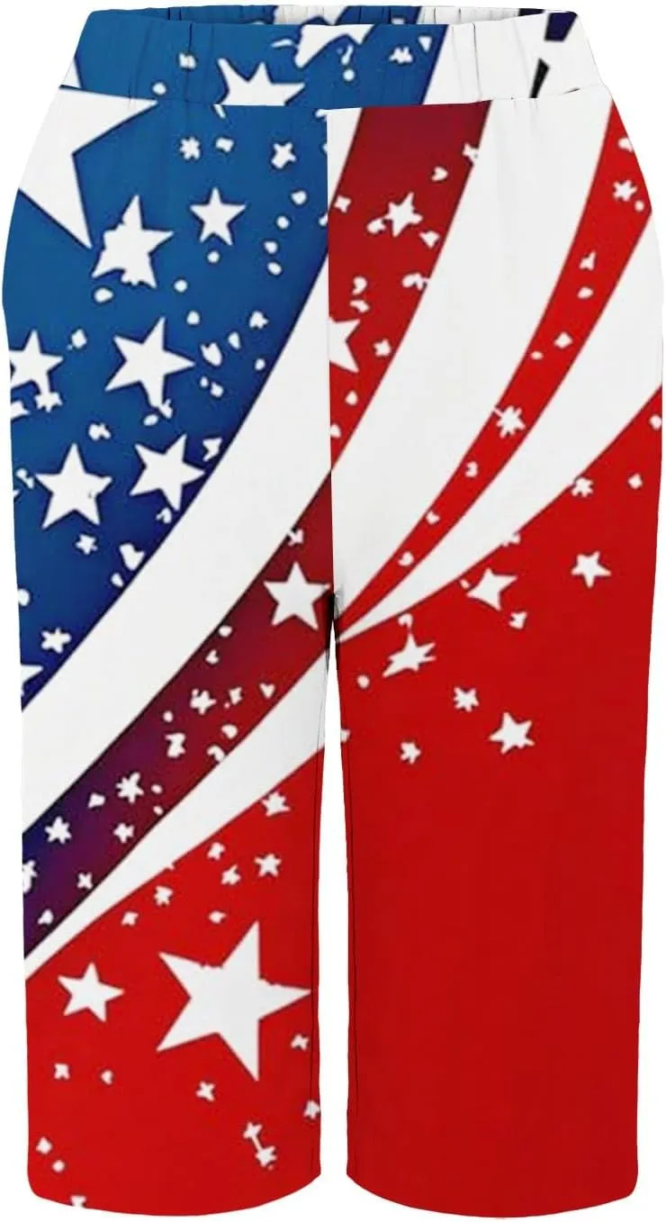 Independence Day Capri Pants Women 2025 Casual Summer High Waist Patriotic Linen Shorts Straight Leg Cropped Trouser