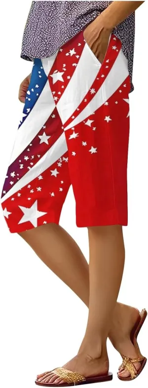 Independence Day Capri Pants Women 2025 Casual Summer High Waist Patriotic Linen Shorts Straight Leg Cropped Trouser