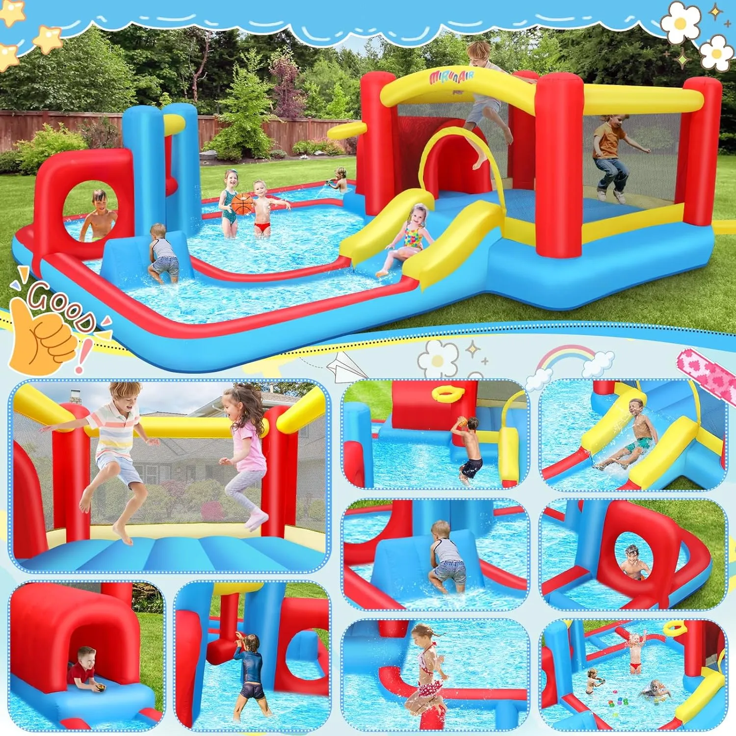 Inflatable Water Slide Bounce House, 14.3x14.3FT Maze Waterpark Obstacle Course w/Jump Area, Splash Pool, Obstacle, Slide, Punching Bag, Basketball Hoop & Tunnel for Kids Backyard Indoor Outdoor
