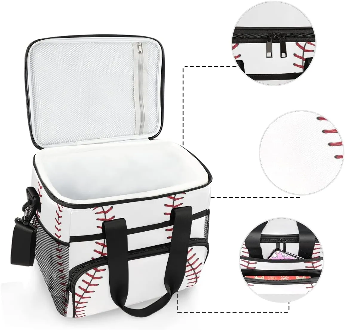 Insulated Cooler Lunch Bag Baseball Sport Ball Pattern Lunch Box Leakproof Large Tote Bag Reusable for Women Men Picnic Travel (15L)