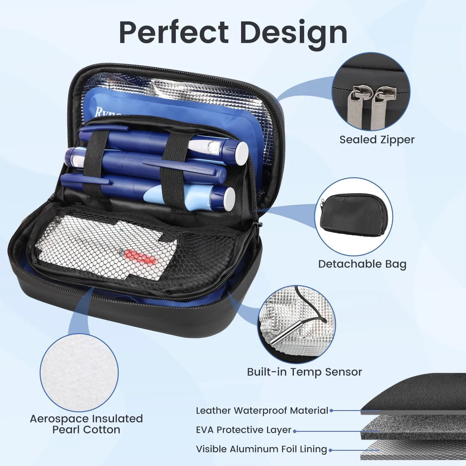 Insulin Cooler Travel Case - TSA Approved Medication Diabetic Cooler for Travel with Fahrenheit Temperature Display, Includes 2 Large Reusable Ice Packs, Gifts for Diabetics, Black