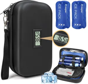 Insulin Cooler Travel Case - TSA Approved Medication Diabetic Cooler for Travel with Fahrenheit Temperature Display, Includes 2 Large Reusable Ice Packs, Gifts for Diabetics, Black