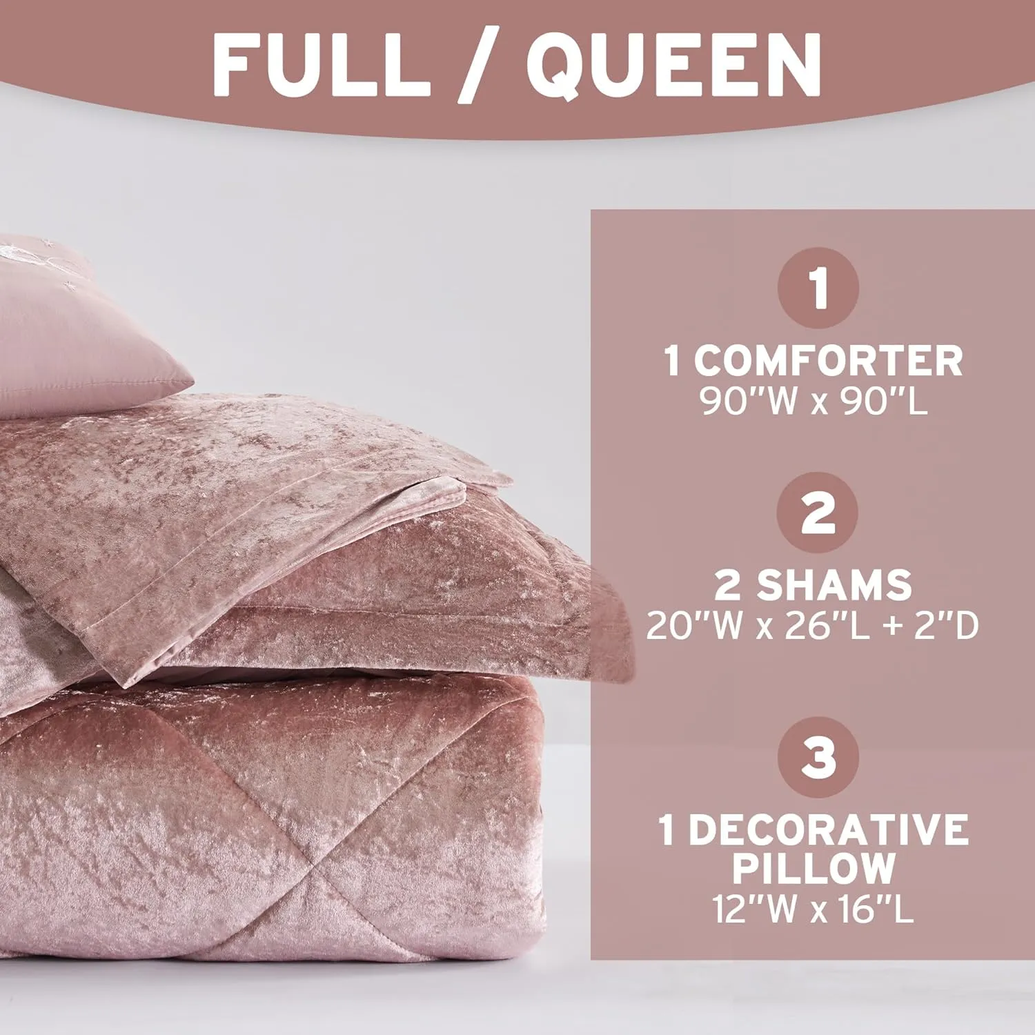 Intelligent Design Felicia Luxe Comforter Velvet Lush Double Sided Diamond Quilting, Modern All Season Bedding Set with Matching Sham, Decorative Pillow, Full/Queen(90"x90"), Blush 4 Piece