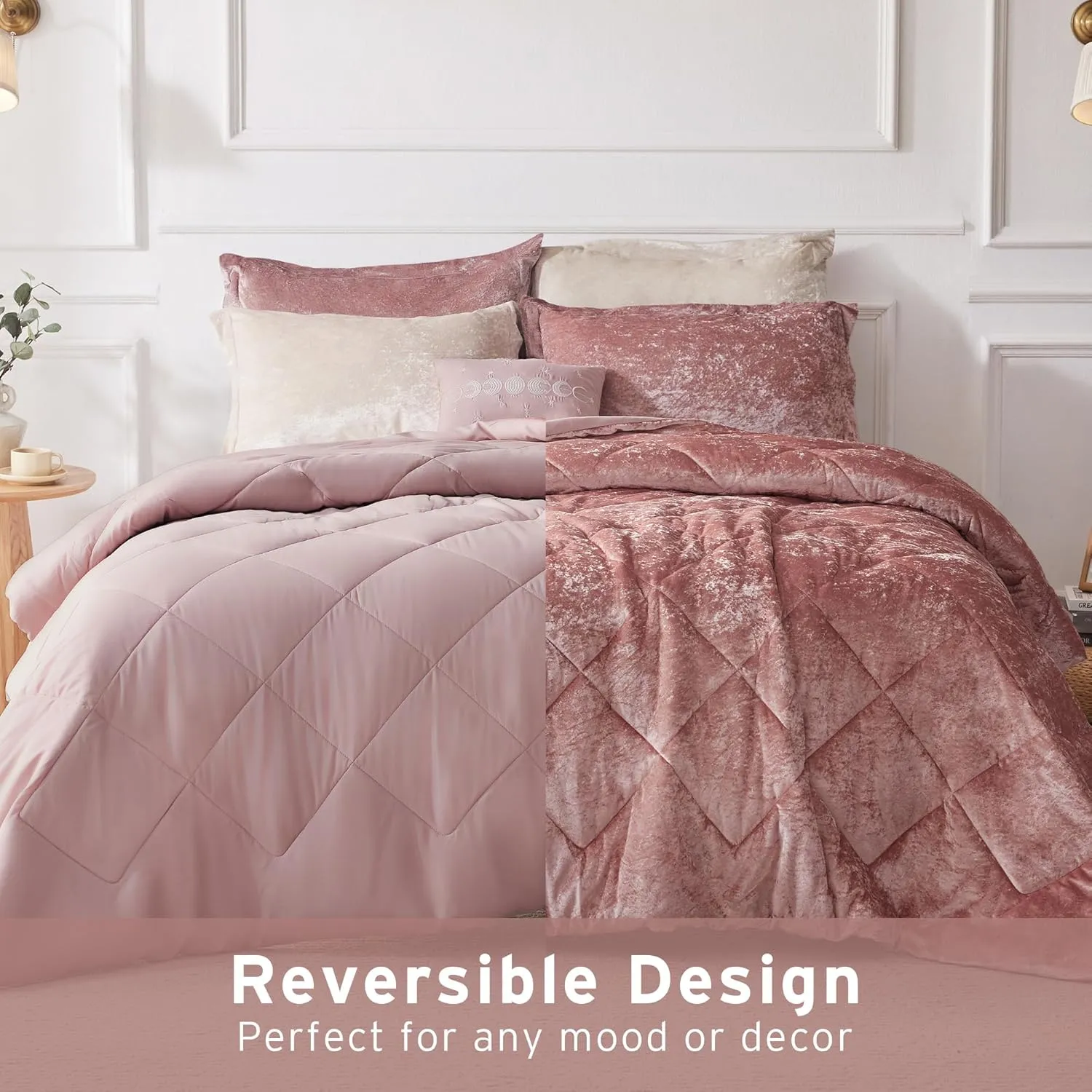 Intelligent Design Felicia Luxe Comforter Velvet Lush Double Sided Diamond Quilting, Modern All Season Bedding Set with Matching Sham, Decorative Pillow, Full/Queen(90"x90"), Blush 4 Piece
