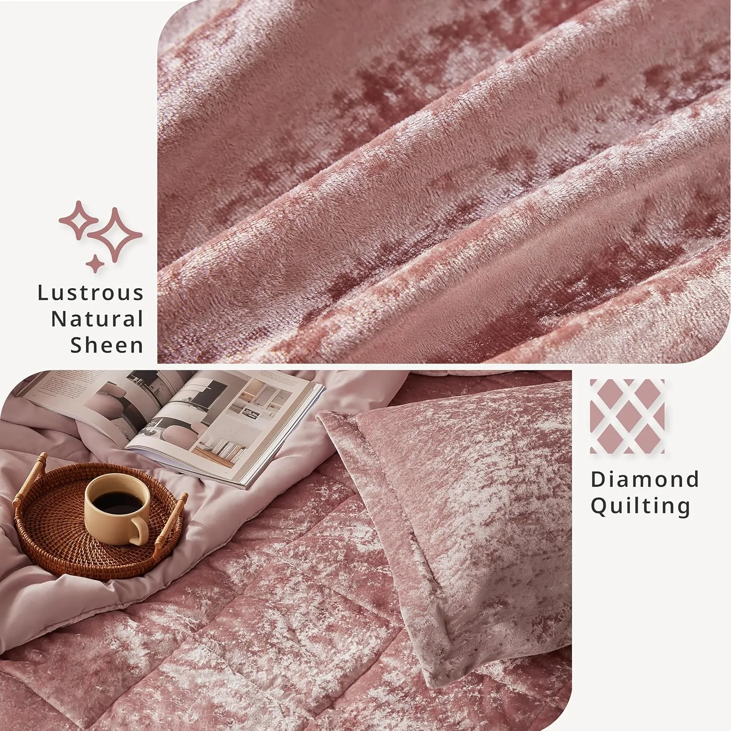 Intelligent Design Felicia Luxe Comforter Velvet Lush Double Sided Diamond Quilting, Modern All Season Bedding Set with Matching Sham, Decorative Pillow, Full/Queen(90"x90"), Blush 4 Piece