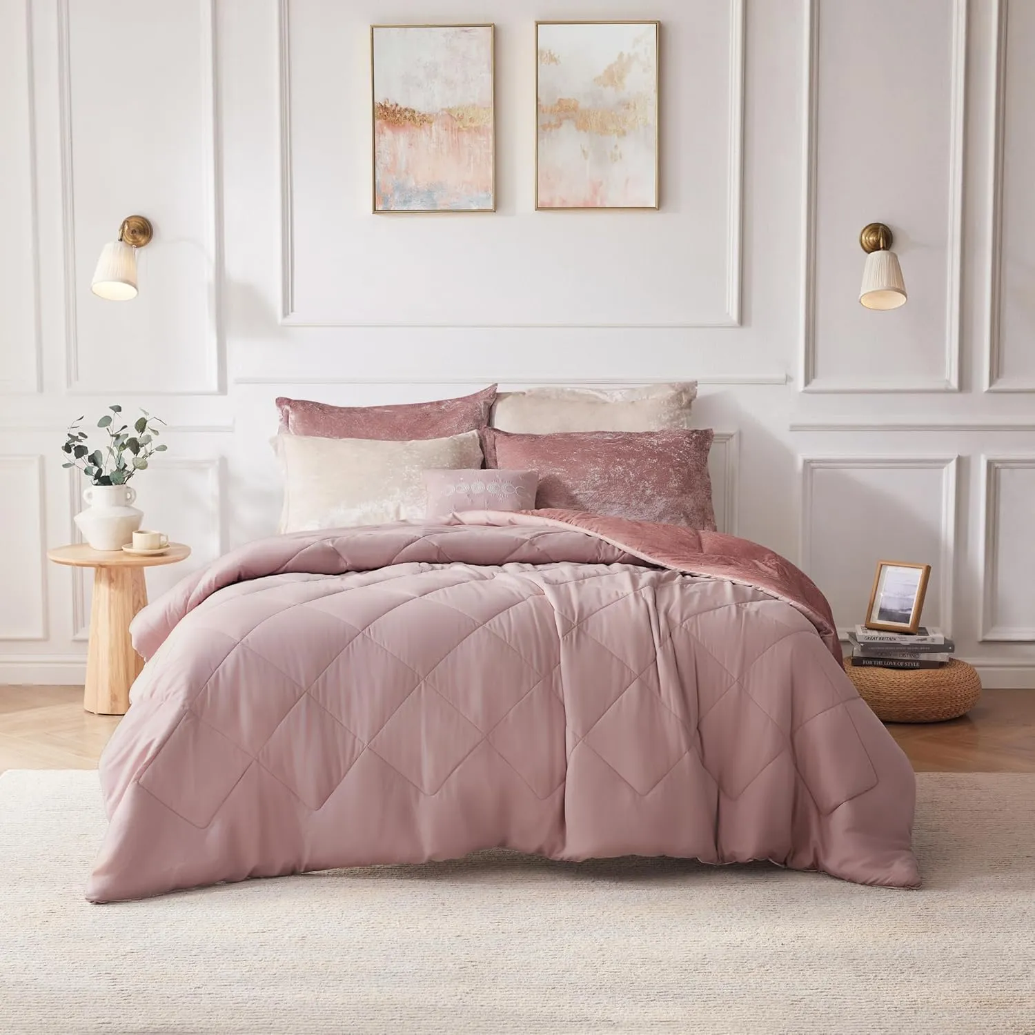Intelligent Design Felicia Luxe Comforter Velvet Lush Double Sided Diamond Quilting, Modern All Season Bedding Set with Matching Sham, Decorative Pillow, Full/Queen(90"x90"), Blush 4 Piece