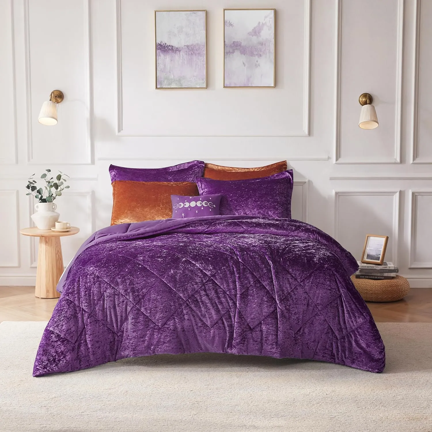 Intelligent Design Queen Comforter Set, Velvet Comforter Set , Luxury Diamond Quilting Comforter Set, Fluffy Comforter Bed Set with Decorative Pillowand 2 Shams, 4 Piece Purple, Full/Queen