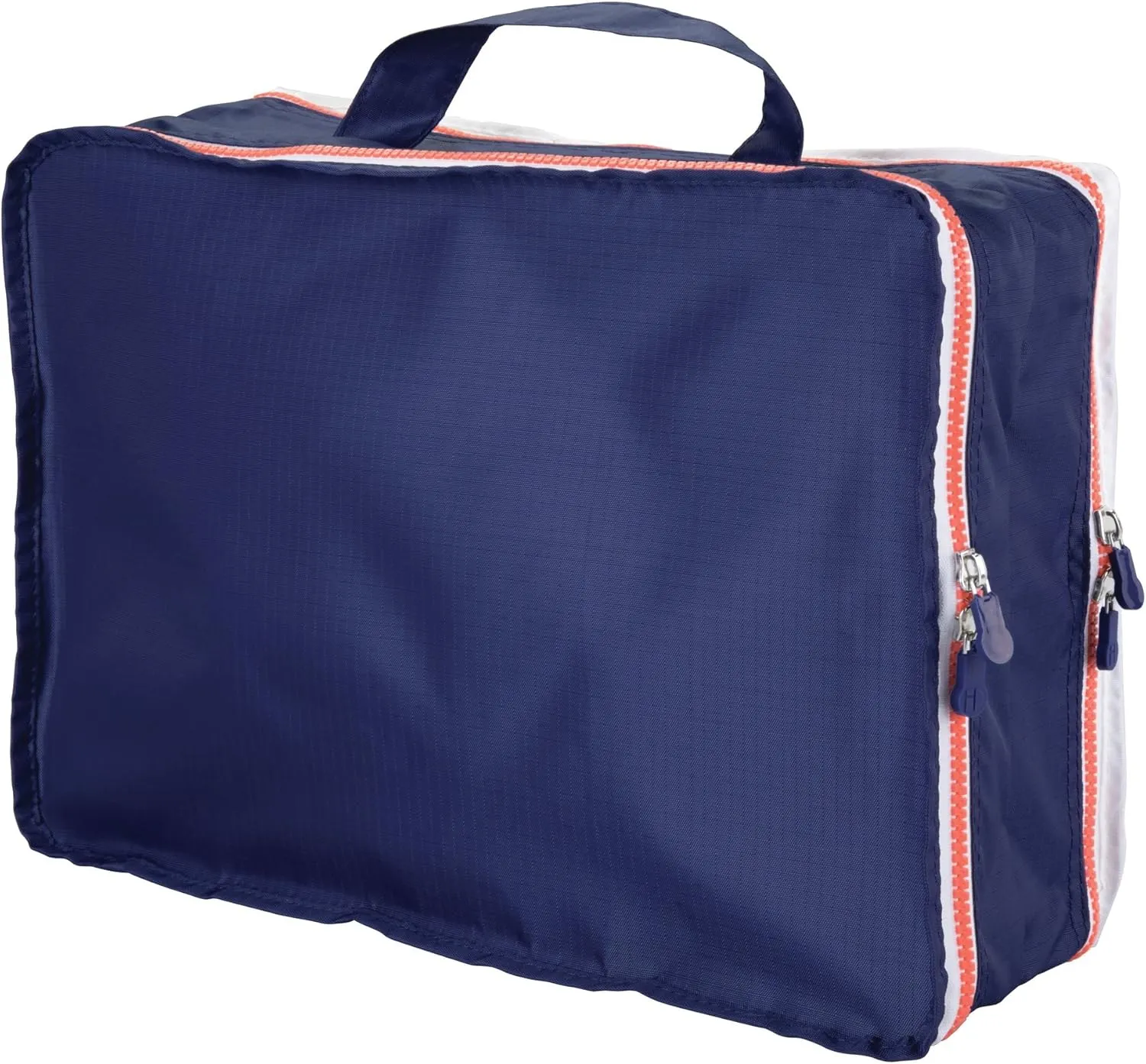 InterDesign Lightweight Water Resistant, Double Sided Organizer Cube with Handle for Packing Travel Suitcases Navy/Orange