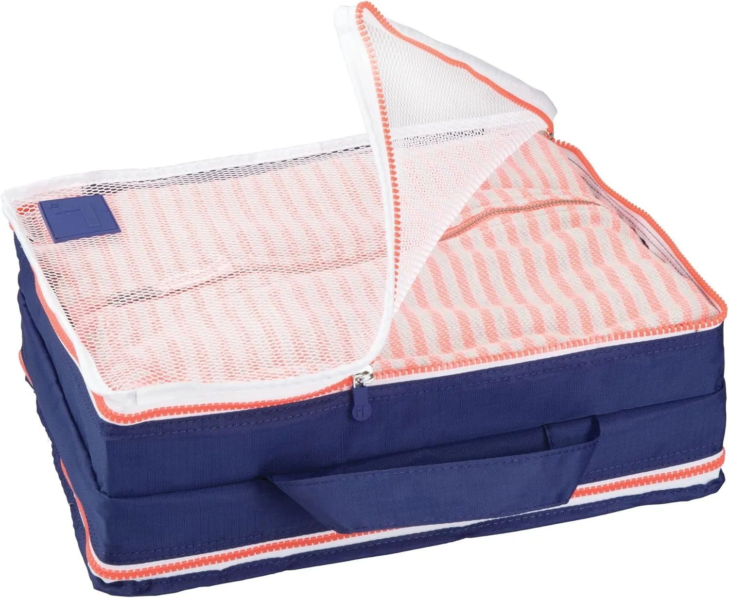 InterDesign Lightweight Water Resistant, Double Sided Organizer Cube with Handle for Packing Travel Suitcases Navy/Orange