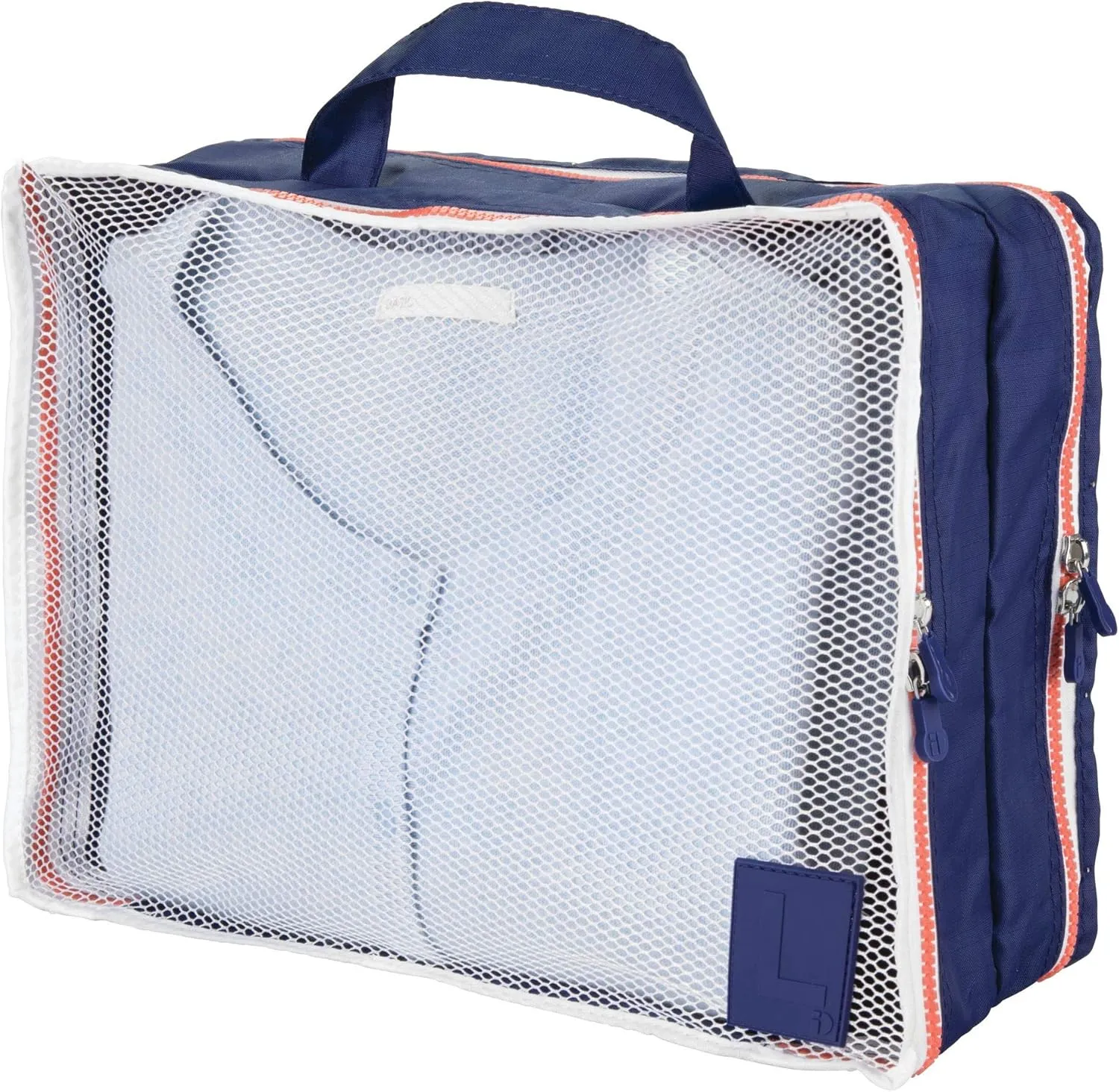 InterDesign Lightweight Water Resistant, Double Sided Organizer Cube with Handle for Packing Travel Suitcases Navy/Orange