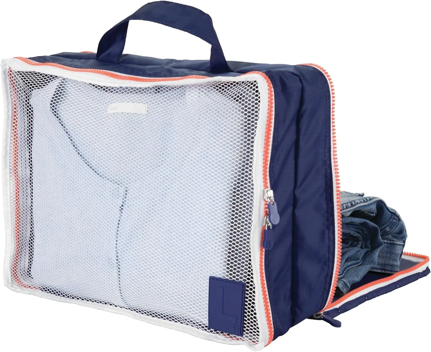 InterDesign Lightweight Water Resistant, Double Sided Organizer Cube with Handle for Packing Travel Suitcases Navy/Orange