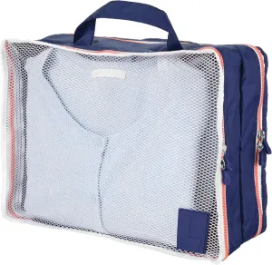InterDesign Lightweight Water Resistant, Double Sided Organizer Cube with Handle for Packing Travel Suitcases Navy/Orange