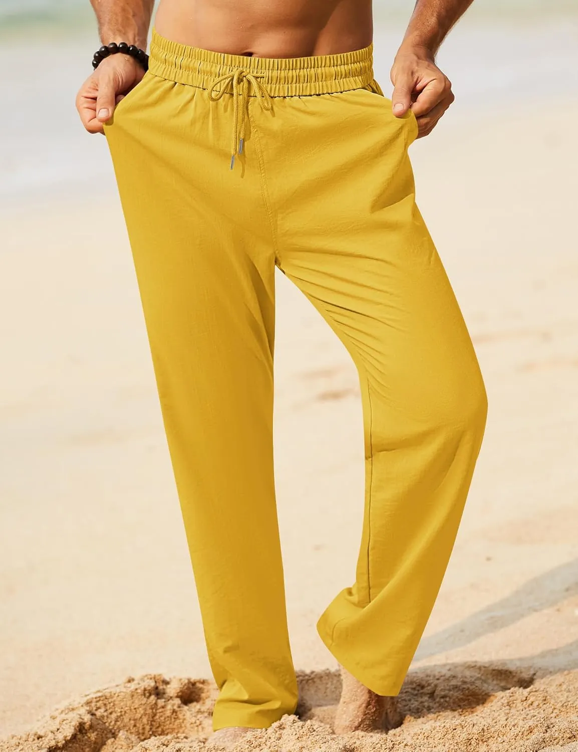 iWoo Linen Pants Men Casual 2025 Summer Beach Elastic Drawstring Waist Yoga Pants Travel Baggy Work Pant Pajama