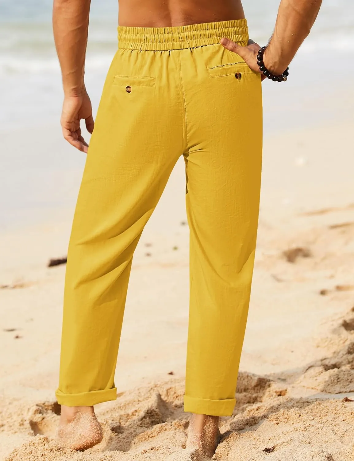 iWoo Linen Pants Men Casual 2025 Summer Beach Elastic Drawstring Waist Yoga Pants Travel Baggy Work Pant Pajama