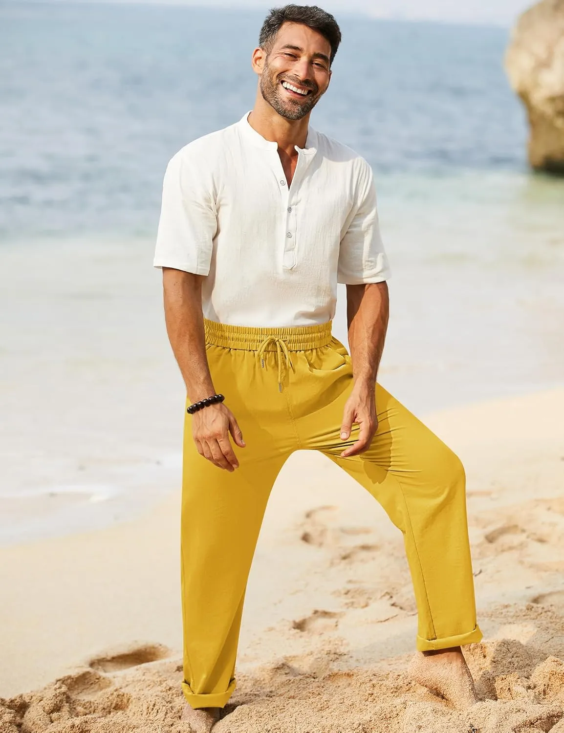 iWoo Linen Pants Men Casual 2025 Summer Beach Elastic Drawstring Waist Yoga Pants Travel Baggy Work Pant Pajama