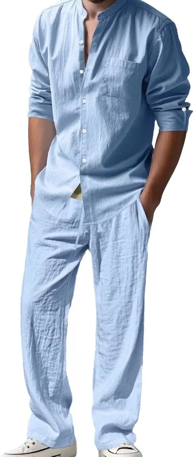 Jacquard Set Men, Summer Knitted Loose Fit Sweatshirt V-Neck Long Sleeve Tops and Drawstring Jogging Pants Suit 2 Piece