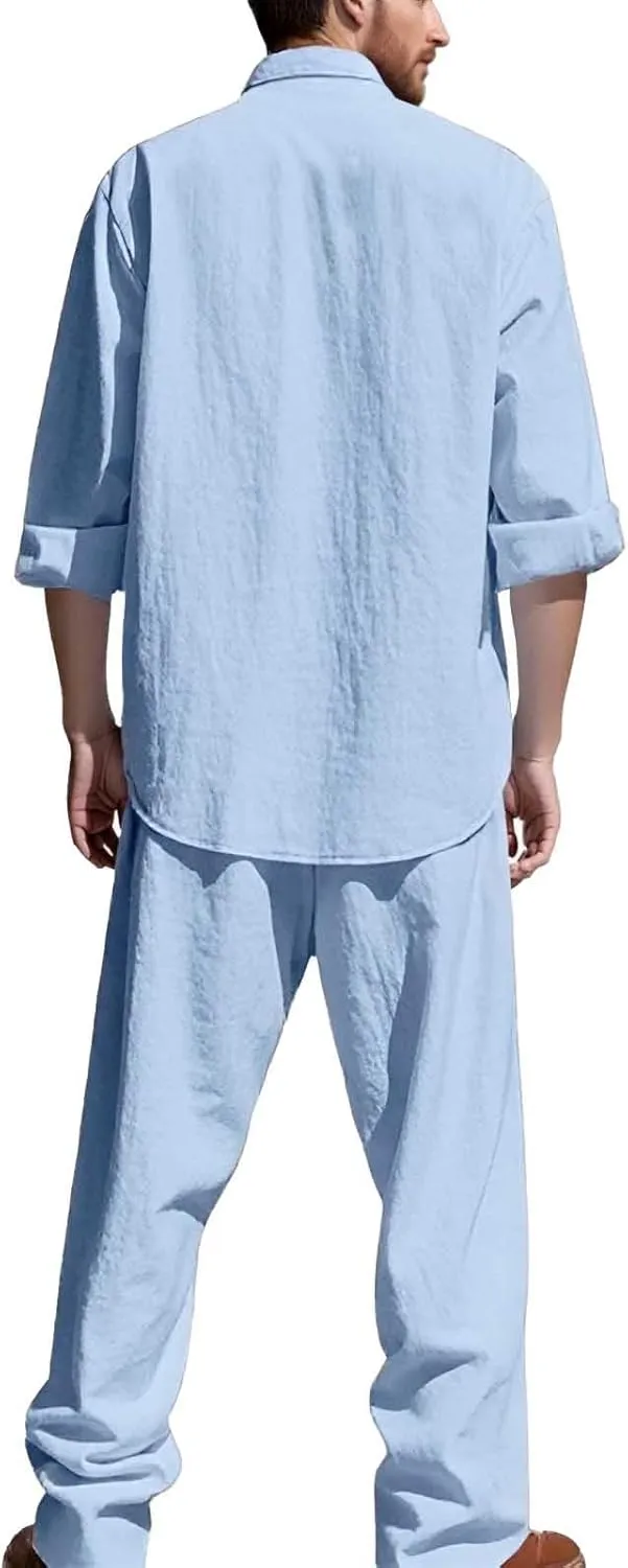 Jacquard Set Men, Summer Knitted Loose Fit Sweatshirt V-Neck Long Sleeve Tops and Drawstring Jogging Pants Suit 2 Piece