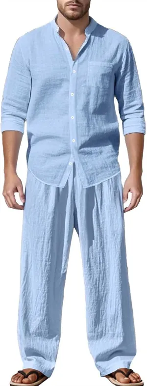 Jacquard Set Men, Summer Knitted Loose Fit Sweatshirt V-Neck Long Sleeve Tops and Drawstring Jogging Pants Suit 2 Piece