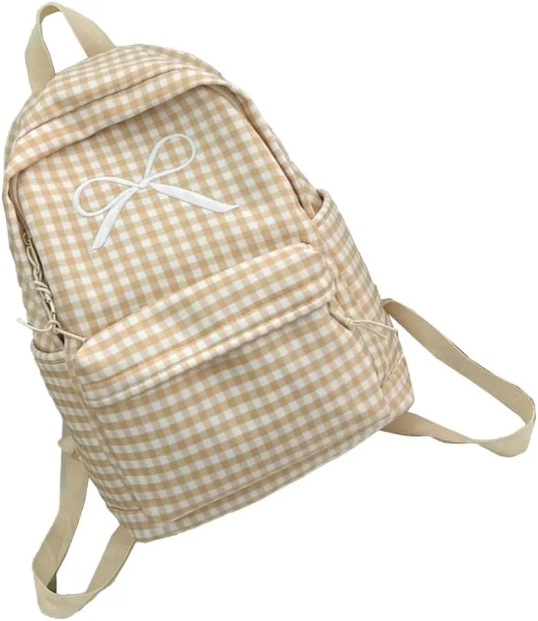 Japanese Style School Bag Large Capacity Bowknot Checkered Backpack for Women