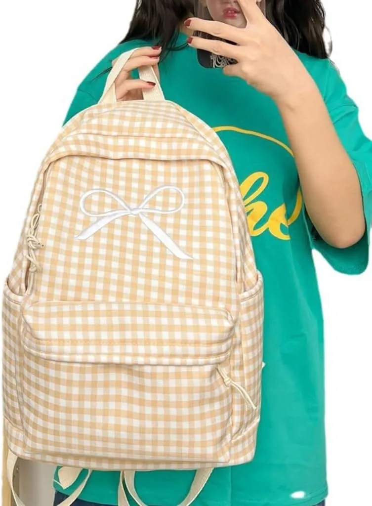 Japanese Style School Bag Large Capacity Bowknot Checkered Backpack for Women