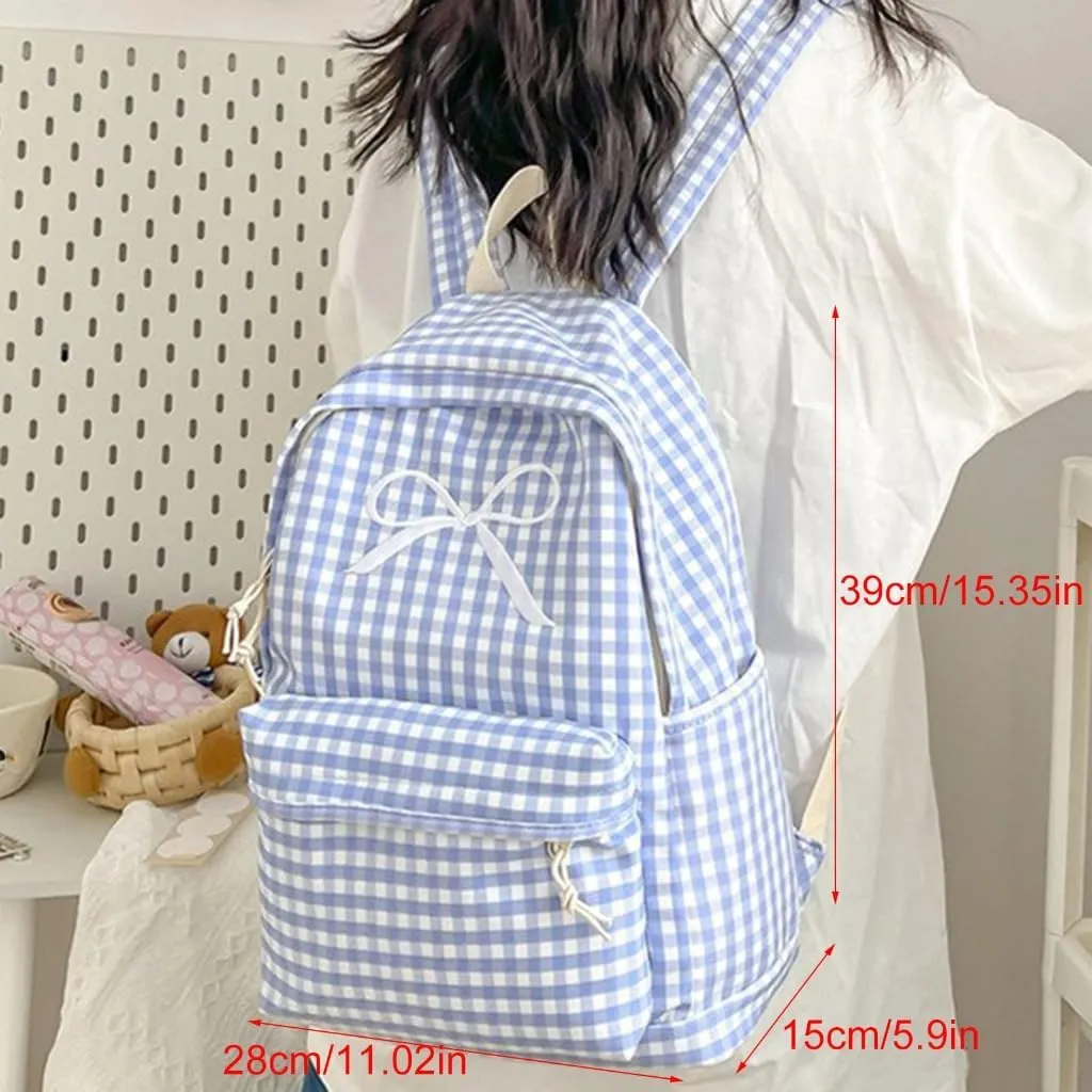 Japanese Style School Bag Large Capacity Bowknot Checkered Backpack for Women
