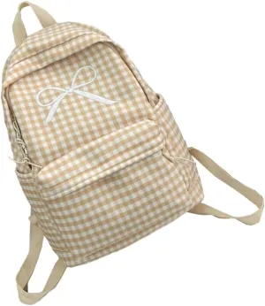 Japanese Style School Bag Large Capacity Bowknot Checkered Backpack for Women