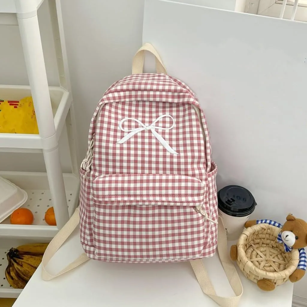 Japanese Style School Bag Large Capacity Bowknot Checkered Backpack for Women