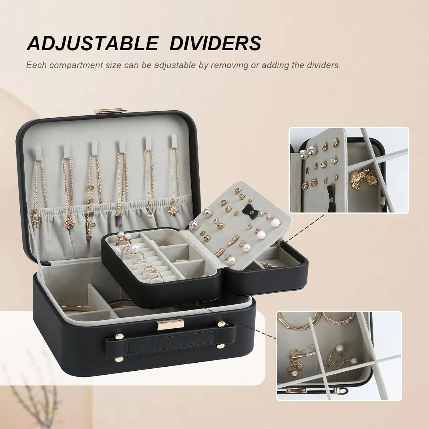 Jewelry Box for Women, Travel Jewelry Organizer Case with Jewelry Tray for Rings Earrings Necklaces Bracelets Watches, Black