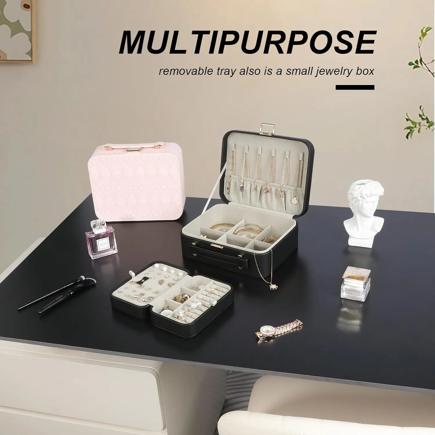 Jewelry Box for Women, Travel Jewelry Organizer Case with Jewelry Tray for Rings Earrings Necklaces Bracelets Watches, Black
